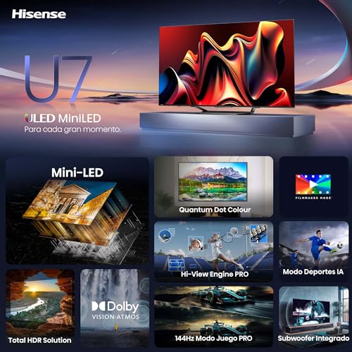 Hisense 85U7NQ - Mini-LED TV, 85 Pulgadas, con Quantum Dot Colour, Modo Juego de 144Hz VRR 240 fps, Full Array Local Dimming, Procesador Hi-View Engine,Dolby Vision IQ & Dolby Atmos (Nuevo 2024)