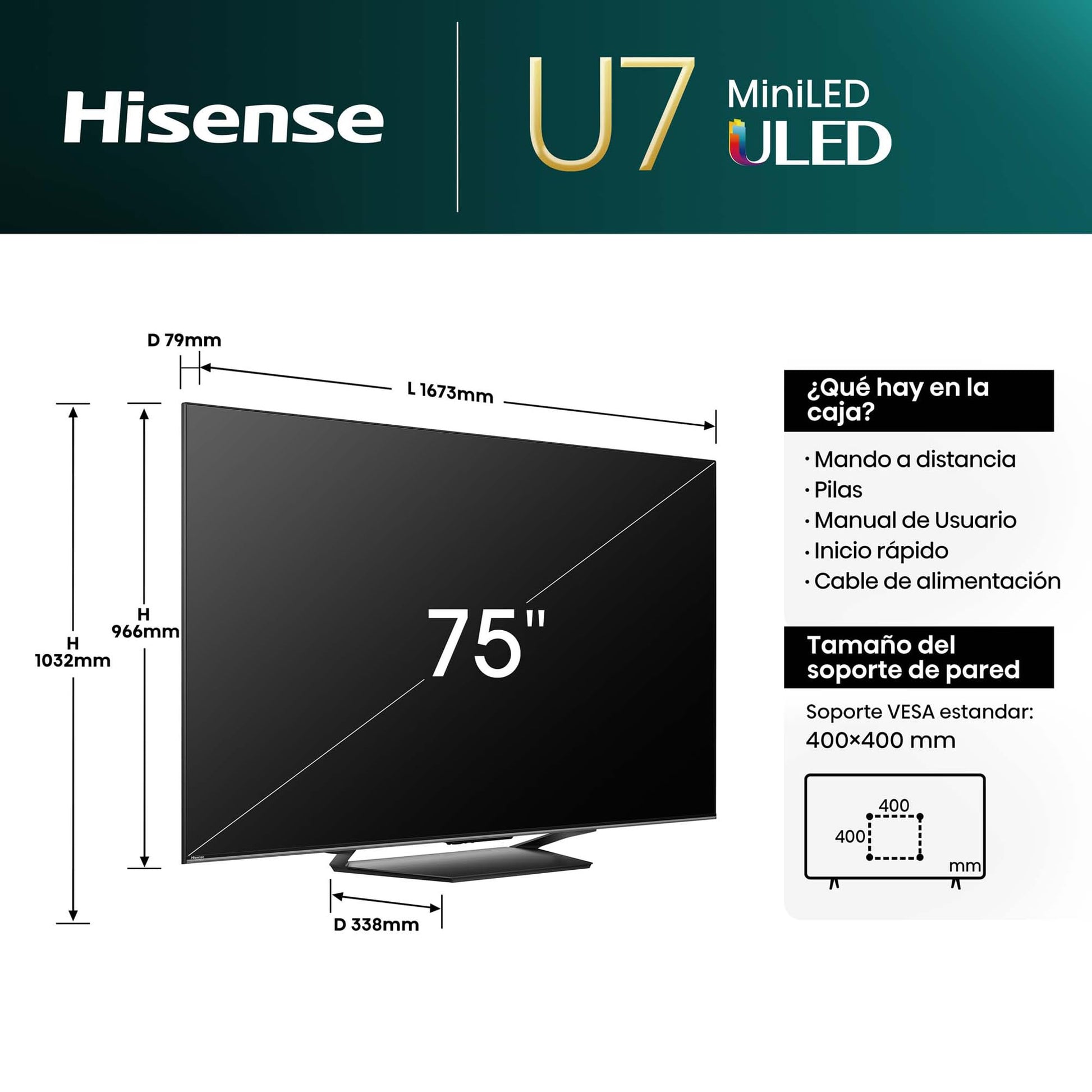 Hisense 75U7NQ - Mini-LED TV, 75 Pulgadas, con Quantum Dot Colour, Modo Juego de 144Hz VRR 240 fps, Full Array Local Dimming, Procesador Hi-View Engine,Dolby Vision IQ & Dolby Atmos (Nuevo 2024)