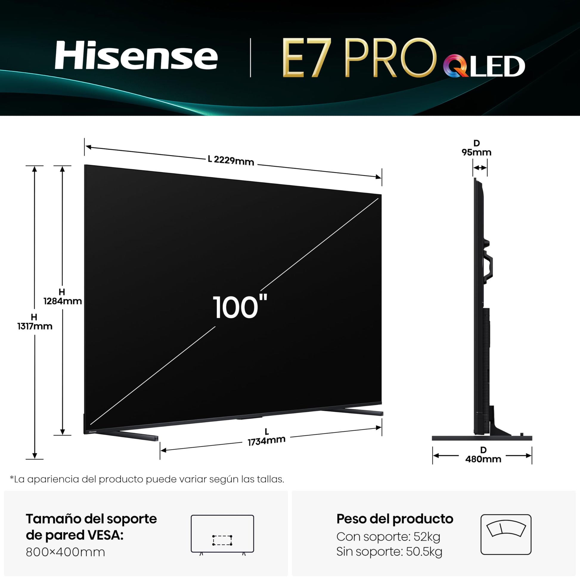 Hisense 100E7Q Pro - QLED Smart TV 100 Pulgadas, Gaming TV, Modo Juego Pro 144Hz, AMD Freesync Premium Pro, Dolby Vision IQ, Dolby Atmos, Movimientos Suaves IA, Hi-Concerto, Procesador Hi-View IA