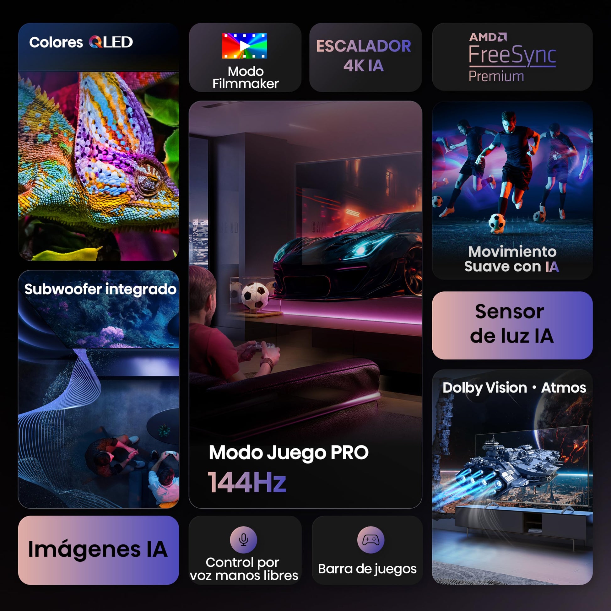 Hisense 100E7Q Pro - QLED Smart TV 100 Pulgadas, Gaming TV, Modo Juego Pro 144Hz, AMD Freesync Premium Pro, Dolby Vision IQ, Dolby Atmos, Movimientos Suaves IA, Hi-Concerto, Procesador Hi-View IA