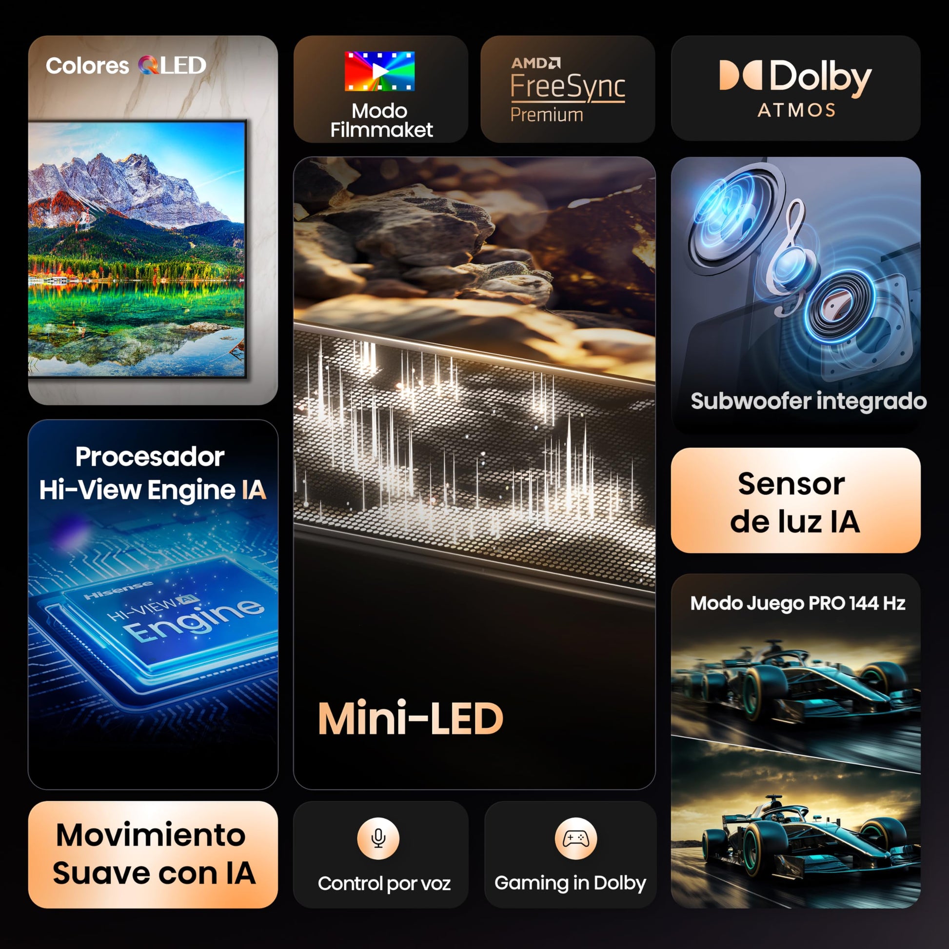 Hisense 50E8Q - Mini LED Smart TV, Quantum Dot, 144Hz, Subwoofer Integrado, Dolby Vision IQ & Dolby Atmos, Full Array Local Dimming, Procesador Hi-View Engine